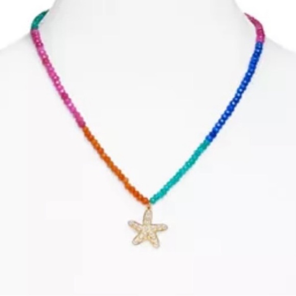 Aqua Multicolor Beaded Necklace with Gold Starfish Pendant